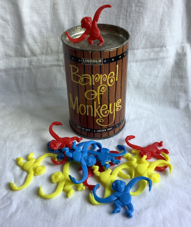 Circa 1960s Barrel of Monkeys toy game by Lincoln